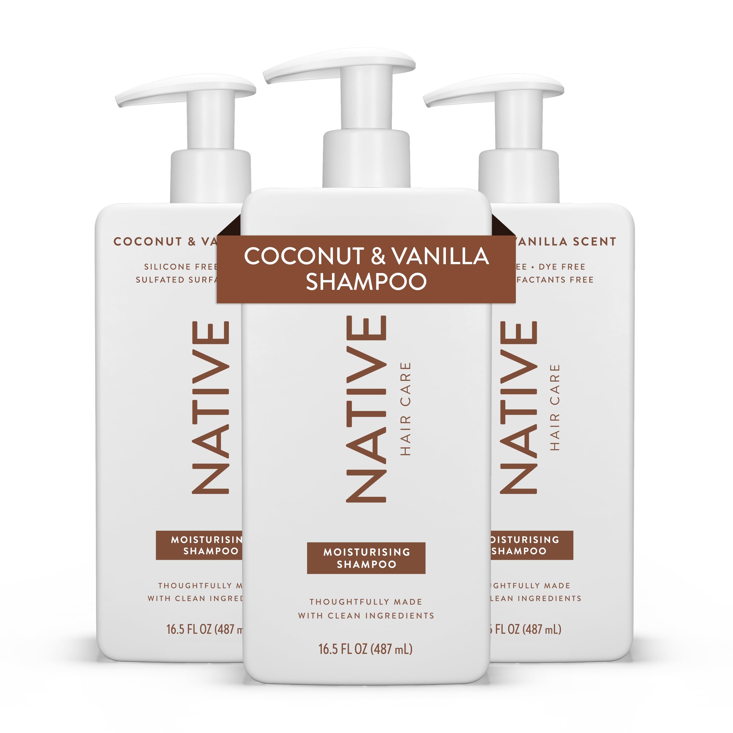 Native Kokosnuss- & Vanille Feuchtigkeitsspendendes Shampoo - Alle Haartypen, Coloriert & Behandelt, Fein bis Trocken & Geschädigt, Sulfatfrei, Silikonfrei & Farbstofffrei (3er-Pack, je 487 ml)