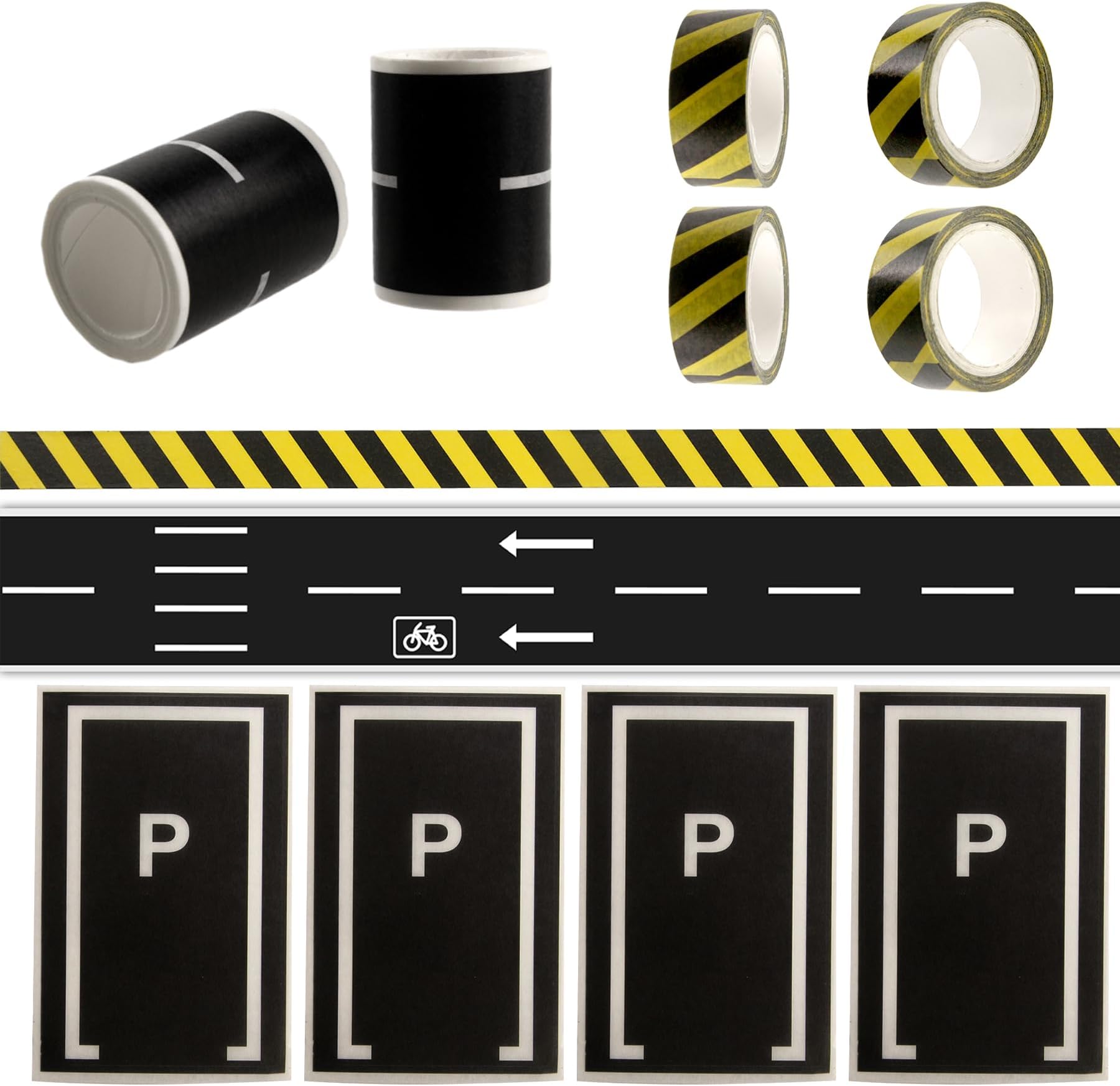 EKIND Black Road Set 2 Rolls 196"X2" Straight Track Road Sticker Tape, 4 Pcs 196"X0.6" Black and Yellow Warning Tape, 4 Pcs Parking Space Stickers, Toy Car DIY Traffic Road Removable Tape (Set B)