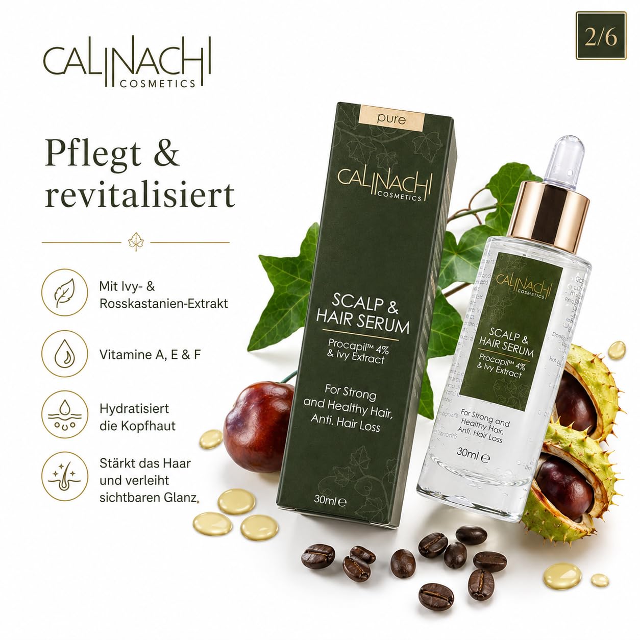 CALINACHI Haarserum für Haardichte & Wachstum 30 ml | gegen Haarausfall - Procapil, Koffein, Hyaluronsäure | Ivy- & Rosskastanien-Extrakt, Vitamine A/E/F | Kopfhautpflege, leicht & nicht fettend