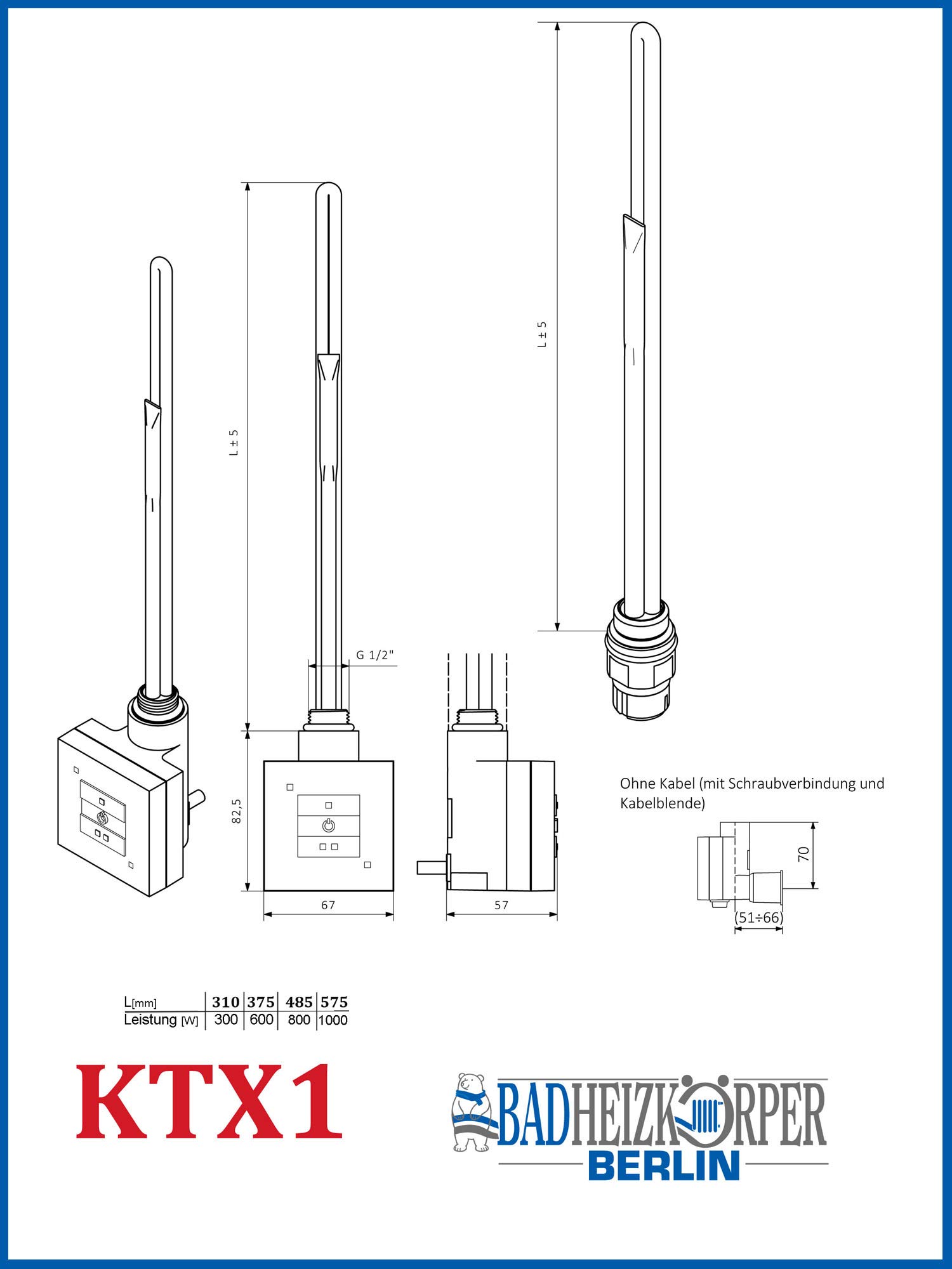Termostato varilla de calefacción, cartucho de calefacción, Modelo KTX1 negro 600 vatio