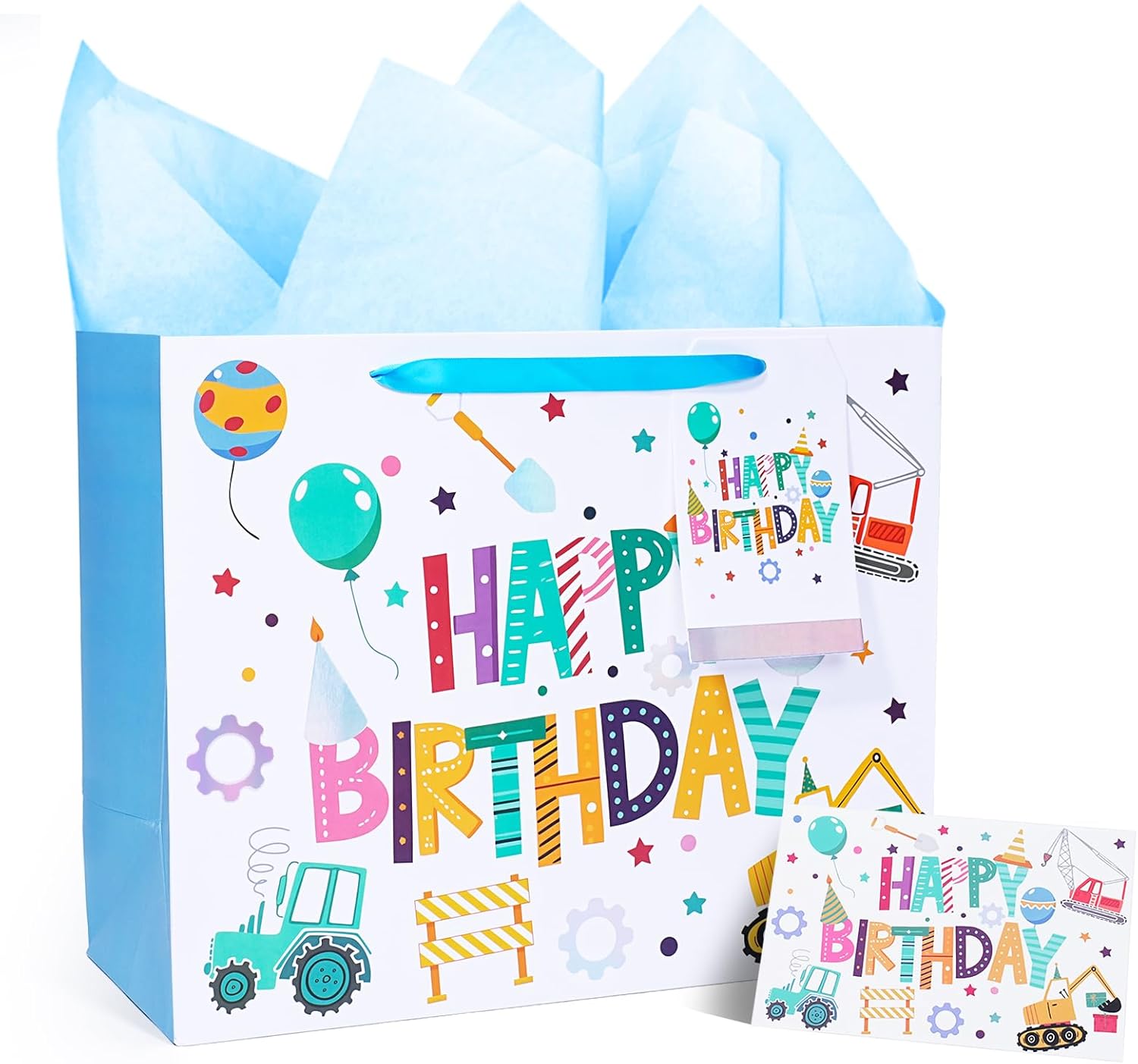 LaRibbons 13" Large Construction Birthday Gift Bag with Tissue Paper and Greeting Card, Blue White with Holographic Design, Perfect for Boys and Kids Birthday