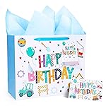 LaRibbons 13 Large Construction Birthday Gift Bag with Tissue Paper and Greeting Card, Blue White with Holographic Design, Perfect for Boys and Kids Birthday