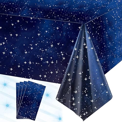 Miniatura 1 de 4 manteles con diseño de noche estrellada, 54 x 108 pulgadas, fundas de mesa con temática de galaxia espacial, fundas desechables de cielo nocturno
