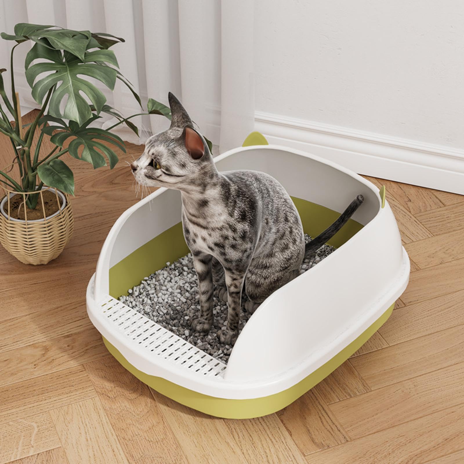 Katzenklo Semi Offene Katzenstreu Box mit Abnehmbarem Erhöhtem Rand Tragbarer Sandbehälter Anti Spritzen für Kätzchen Kleine Nagetiere Haushalte mit M, grünes L