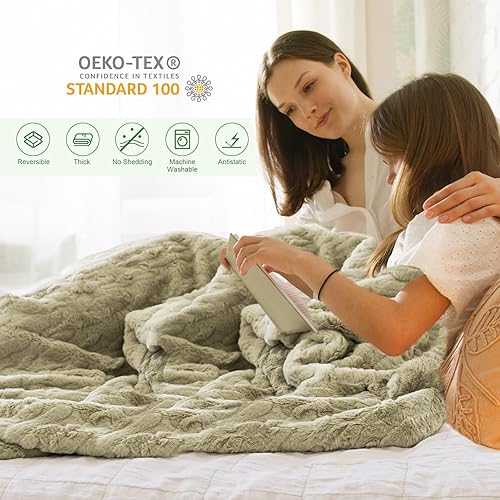Miniatura 2 de Manta de piel sintética tamaño individual para cama, color verde salvia de 60 x 80 pulgadas, forro polar sherpa, reversible, suave, esponjosa,