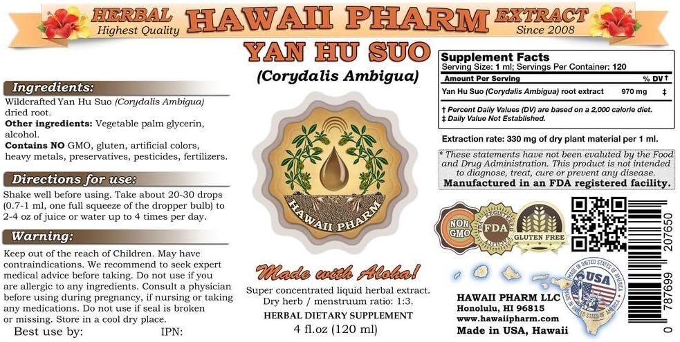 Hawaii Pharm Yan Hu SUO Liquid Extract, Yan Hu SUO (Corydalis Ambigua) Root Powder Tincture, Herbal Supplement, Made in USA, 4 fl.oz