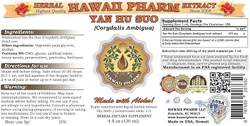 Yan Hu SUO Liquid Extract, Yan Hu SUO (Corydalis Ambigua) Root Powder Tincture, Herbal Supplement, Hawaii Pharm, Made in USA, 2x2 fl.oz
