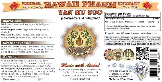 Yan Hu SUO Liquid Extract, Yan Hu SUO (Corydalis Ambigua) Root Powder Tincture, Herbal Supplement, Hawaii Pharm, Made in USA, 2x2 fl.oz
