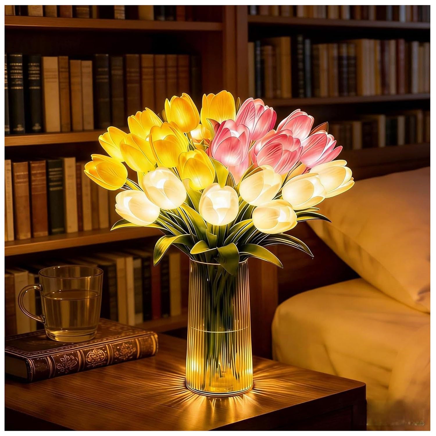 Tulip LED Table Lamp, Battery Operated Flower Night Light with Vase, 15PCS Artificial Tulip Light for Bedroom Living Room Decor, Romantic Ambient Light as Gift for Women, Girls(3 colors,Includes vase)