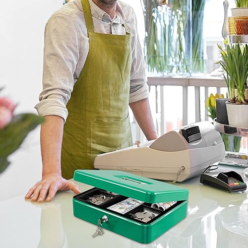 Vista 165 de KYODOLED Caja de dinero mediana con bandeja para dinero, pequeña caja de seguridad con llave, cajón de efectivo, 7.87 x 6.30 x 3.54 pulgadas, verde