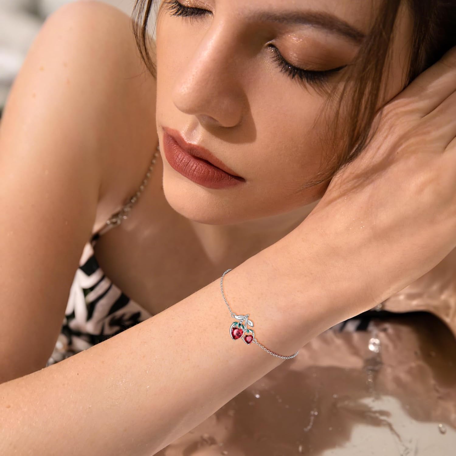 Fruit Bracelet Sterling Silver Cherry/Strawberry Link Bracelet Anklet Cubic Zirconia Jewelry Gifts for Women