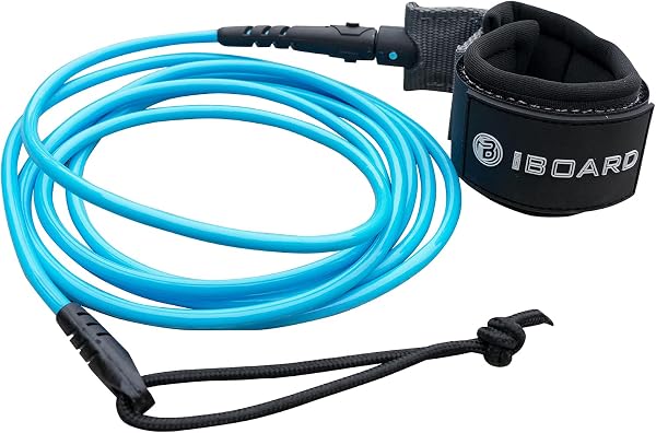 iBOARD Guinzaglio per tavola da paddle, guinzaglio da surf a giro singolo per longboard, paddleboard, tavola da surf, ricambio da 5,5 mm, corda a spirale 3,5 m, nero e blu - 1