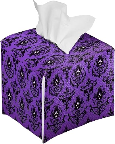 Miniatura 8 de Caja de pañuelos cuadrada para gatos de Halloween, soporte para caja de pañuelos de cuero morado para bañocafé, decoración de escritorio, soporte de