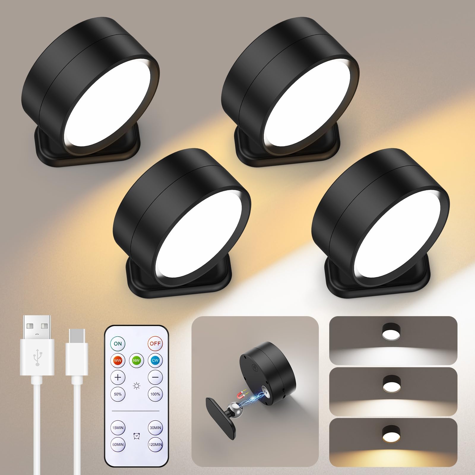 Brightown LED Magnetic Wall Sconce Lights, 4 Pack USB Rechargeable Wall Mounted Lights with Remote, 3 Lighting Colors and Dimmable, 360° Rotation Cordless Wall Mount Lamp for Bedroom, Black