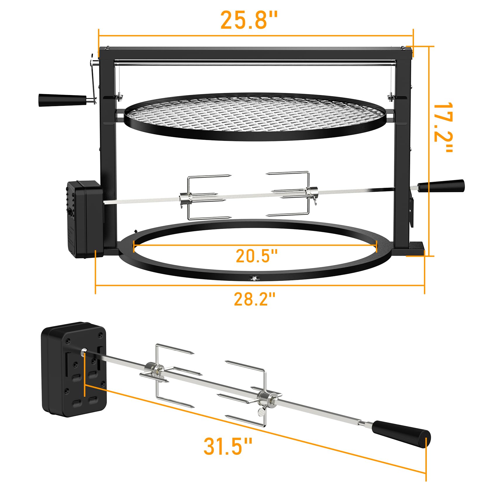Skyflame Charkettle BBQ Grill Rotisserie System Kit with Adjustable Cooking Grate, Compatible with Weber 22-inch Kettle Grills