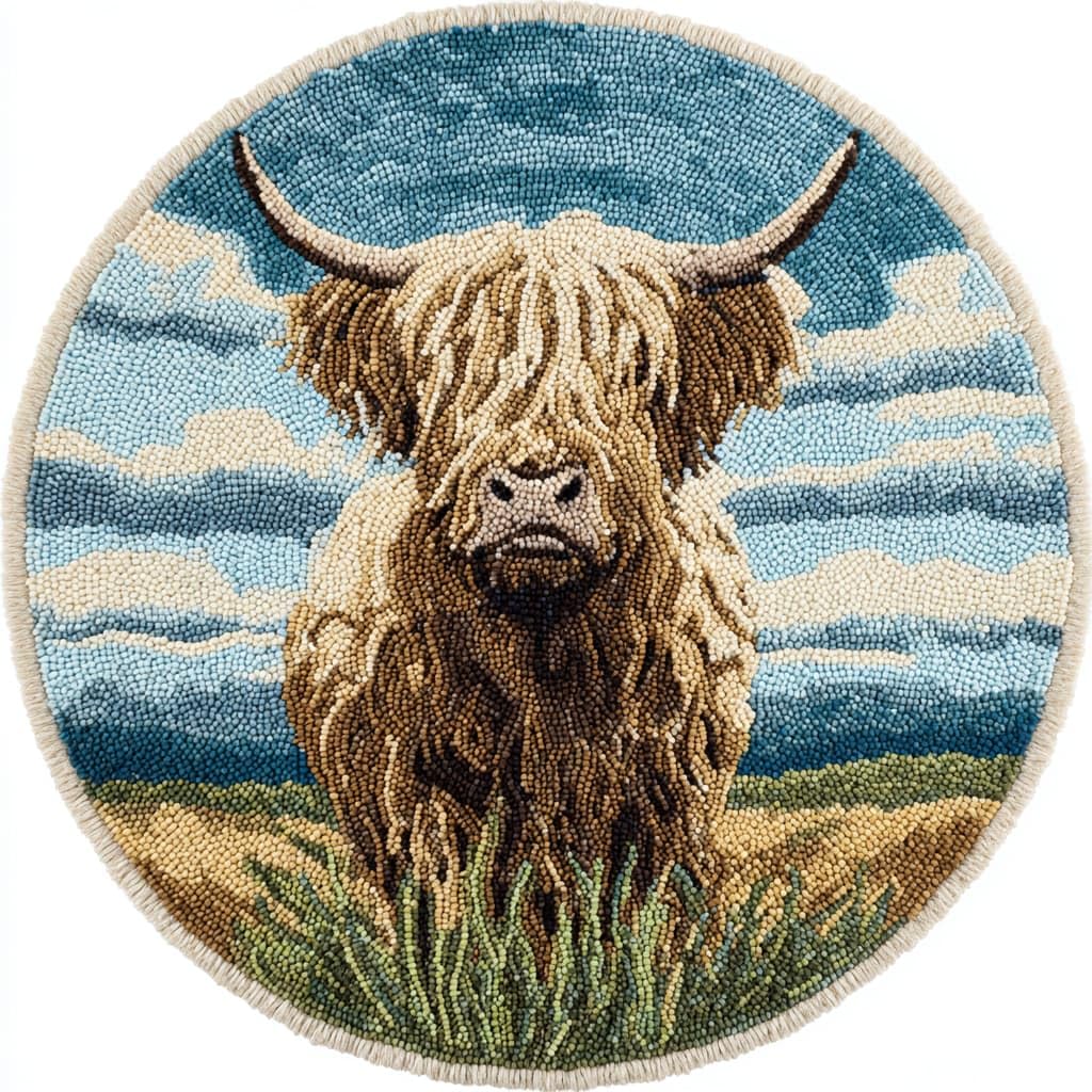 WallustrioaW Round Latch Hook Kits for Adults Highland Cattle DIY Latch Hook Rug Making Kits for Beginners 50X50Cm