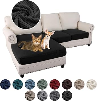 Sectional Couch Covers, 3 Piece Stretch Anti-Slip L Shape Sofa Slipcovers, Separate Sofa Seat Cushion Covers Chaise Cover for Both Left/Right Sectional Couch Black, 2 Seater + Chaise