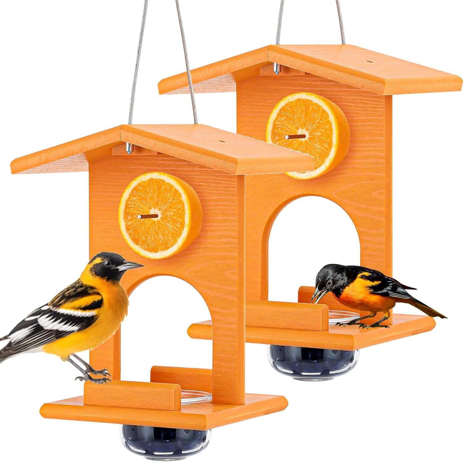 Oriole Feeders for Outdoors Hanging,All-in-One Recycled Plastic Oriole Feeder with Two Removable Glass Cups Jelly or Jam, Fruit, Nectar or Seed for Orioles,Orange,1 Pack