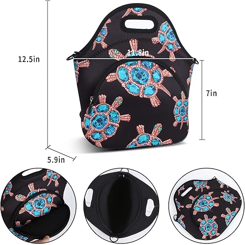 Miniatura 10 de Violet Mist Lonchera de neopreno aislada, bolsa de almuerzo con diseño de dinosaurio, grandes bolsas térmicas con bolsillo extra, correa de hombro