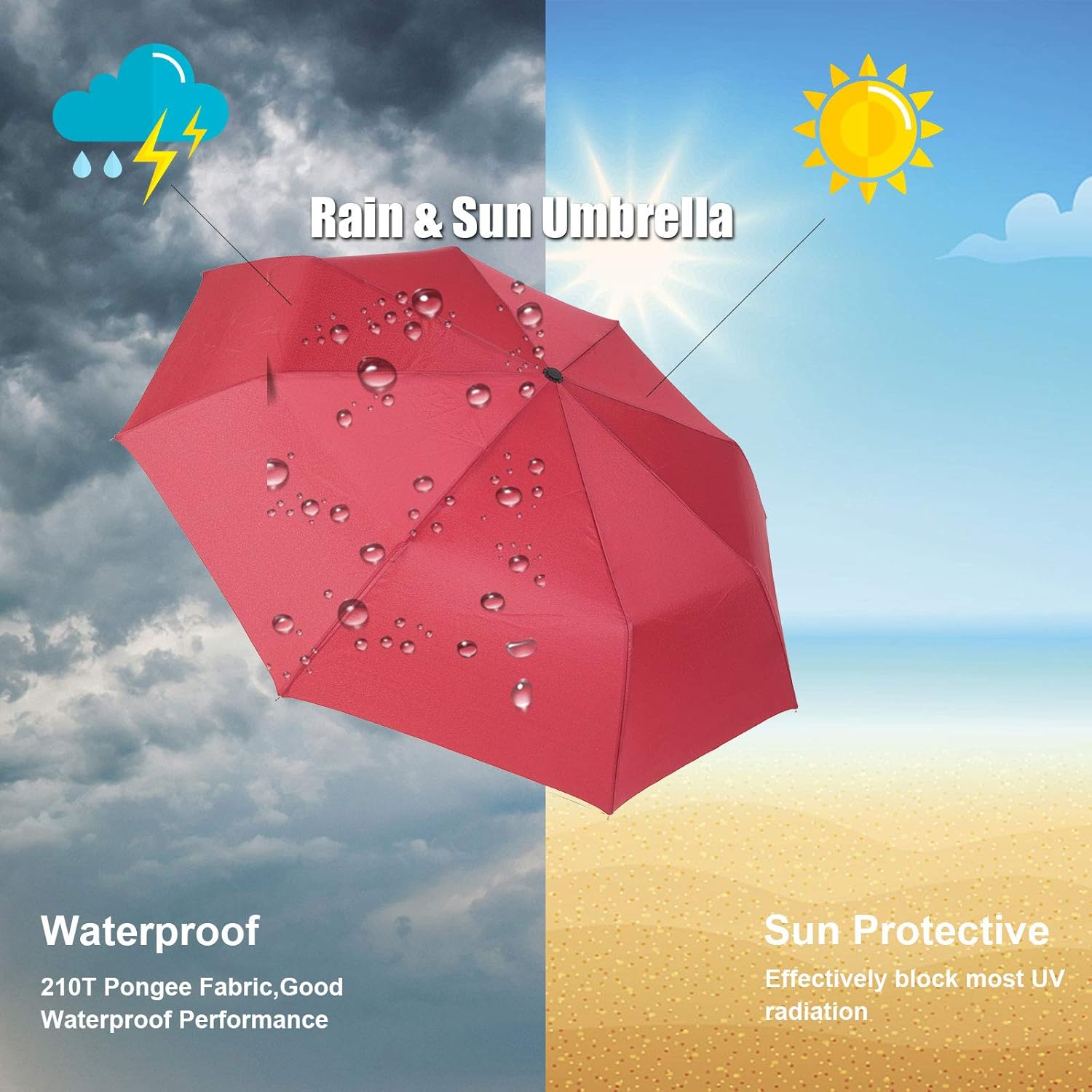 2PACK Automatic Open Close Portable Lightweight Travel Umbrella Parasol Outdoor Sun & Rain All Weather Umbrella (2PACK-WINE RED)