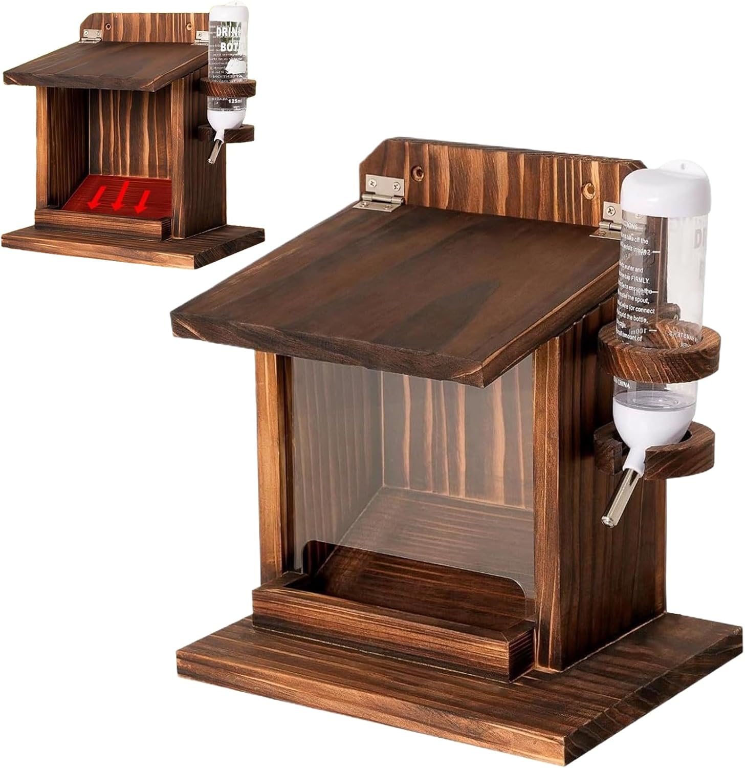 Squirrel Houses for Outside - Chipmunk Feed Station with Water Bottle for Garden | Wooden, Sturdy, Wall-Mount Feeder for Bird Food, Nuts, Corn, Tree, Balcony, Backyard, Outdoor Wildlife