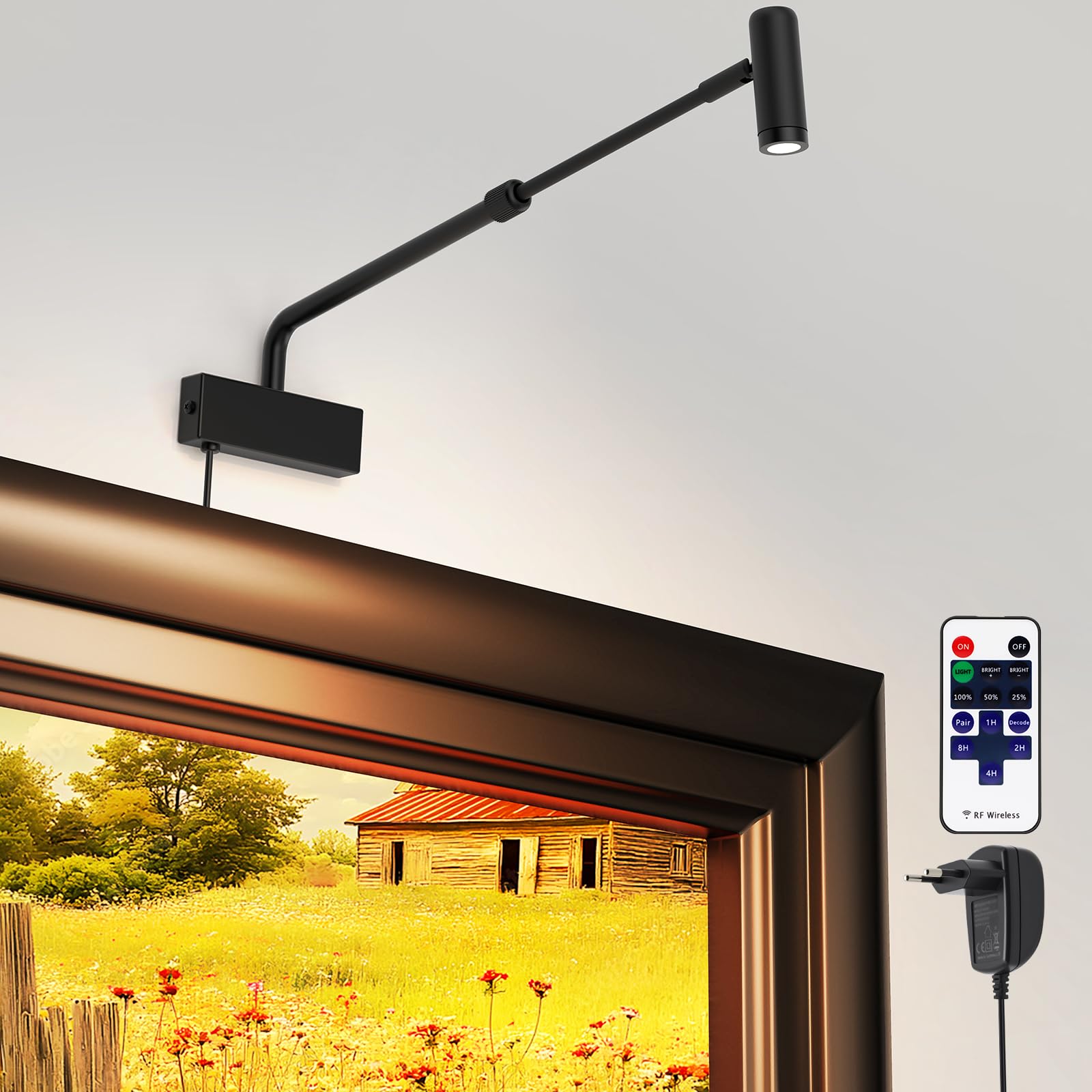 Rückziehbare 2700K LED-Spotlight Innen LED Bilderleuchte Plug-in, 180°drehbares Bildbeleuchtung mit Fernbedienung, Dimmbares Bildlicht mit Ein/Aus-Schalter für Wandkunstpräsentation, Schwarz