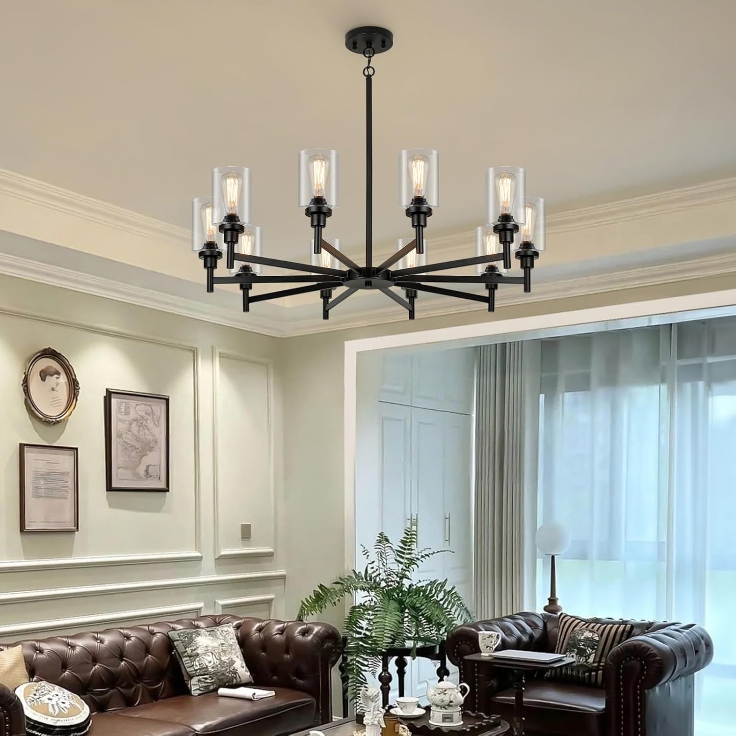 10 light large black farmhouse chandelier | rustic chandeliers for dining room light fixture | industrial hanging lighting with clear glass cover for living room | foyer | staircase | villa black 10-lights d41"