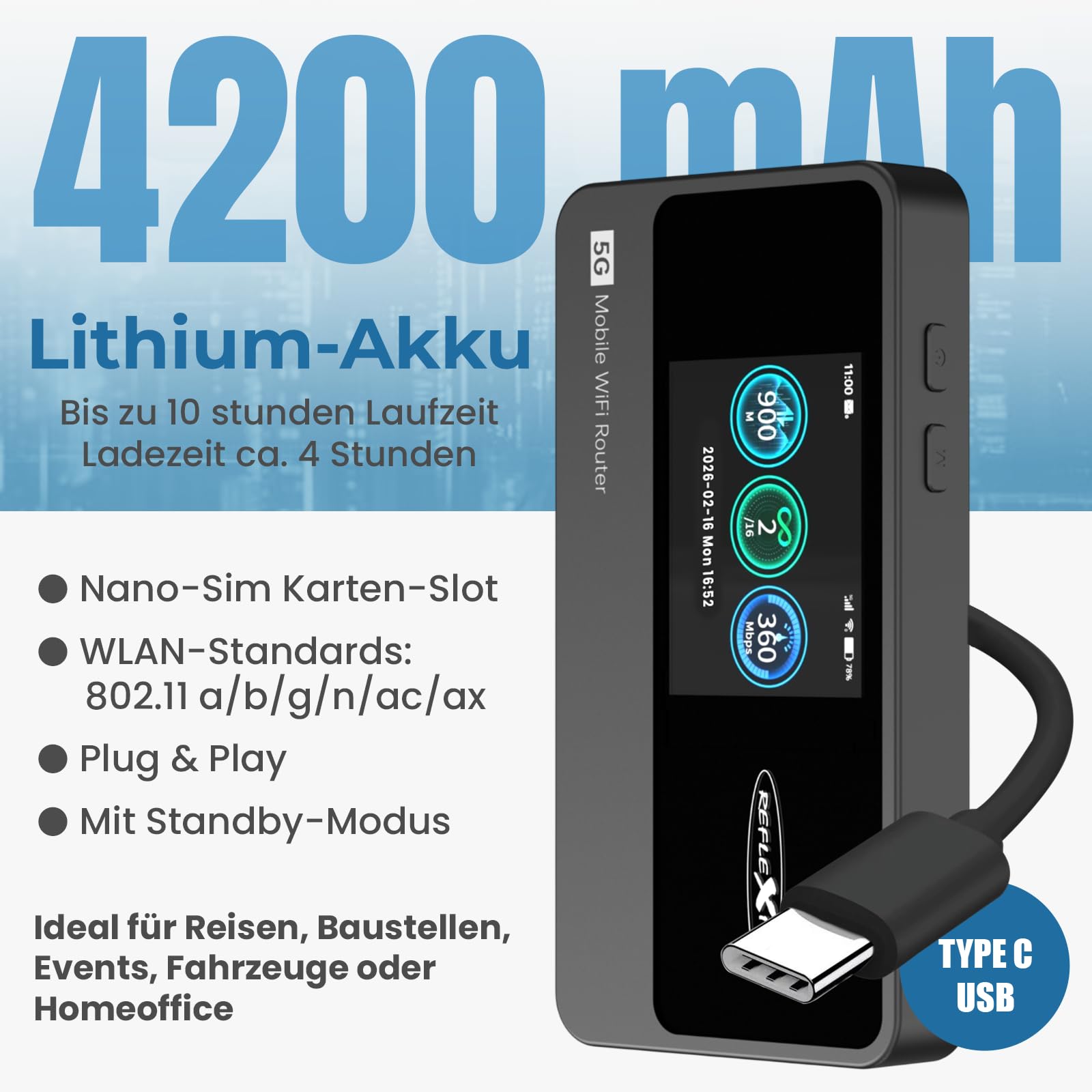 Reflexion 5GCONNECT - Mobiler 5G WLAN Router mit Akku 4200mAh, WiFi 6 Hotspot mit Nano-SIM Slot, 2,4 Zoll Display, bis 16 Geräte, USB-C, tragbarer Internet Router für Reisen/Homeoffice/Baustelle