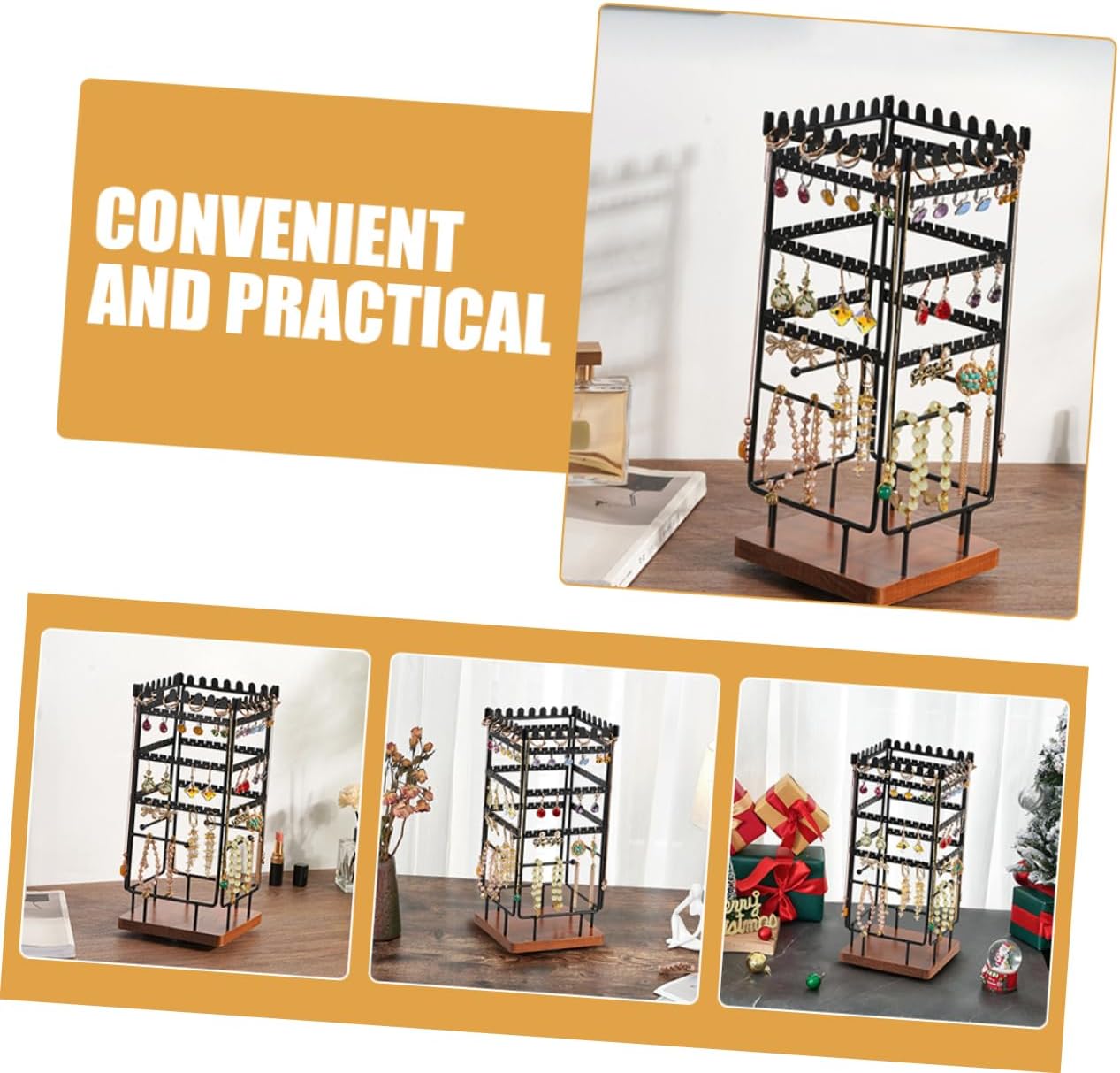 PRETYZOOM Rotating Vintage Jewelry Stand with Metal Holder for Necklaces Earrings Rings Bracelet Storage Organizer Compact Space Saving Display for Desk Dresser