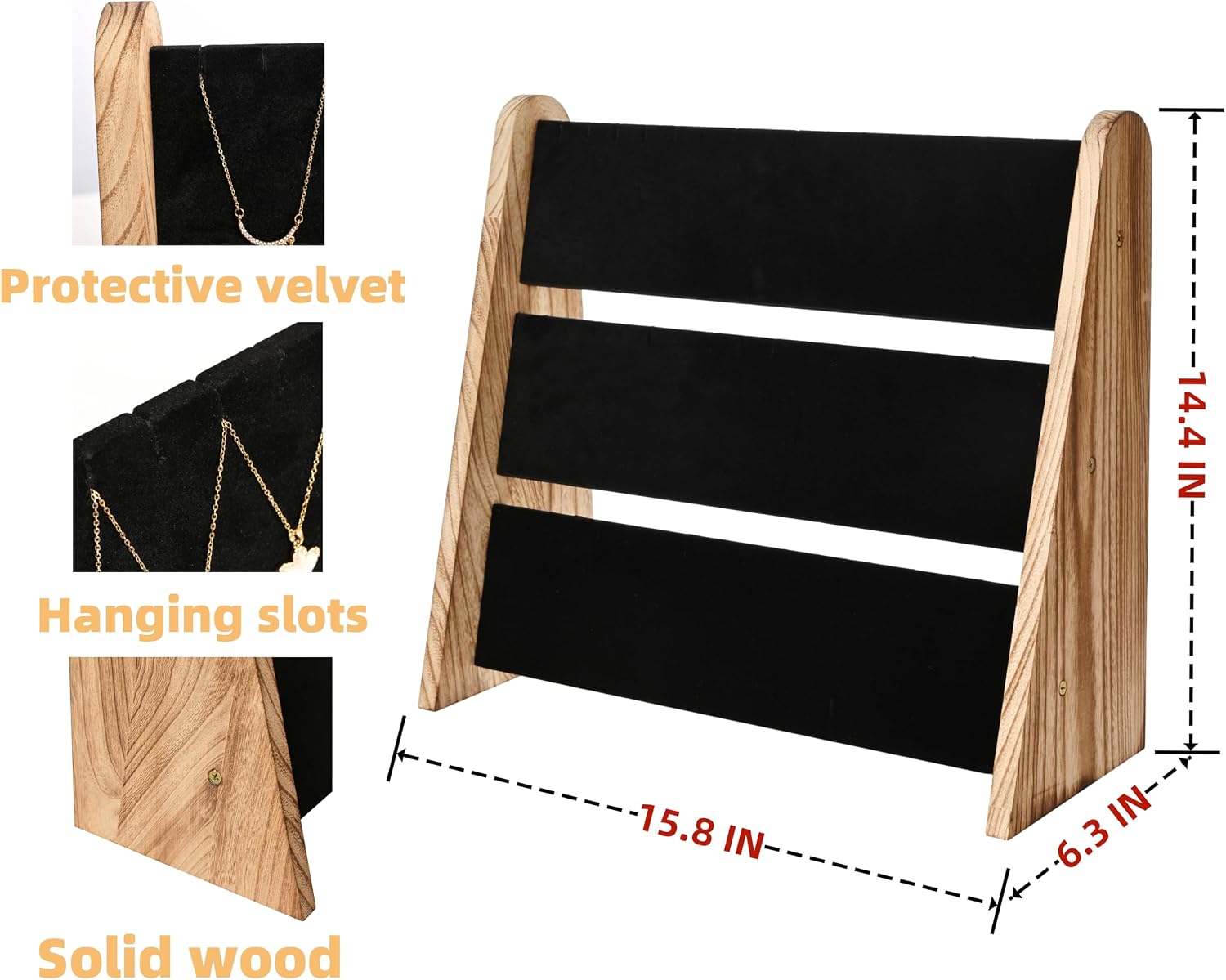Necklace Holder 3 Tier Wooden Necklace Organizer Stand with Velvet, Necklace Display Stand for Selling,Chain Necklace Holder Rack for Show, 72 Necklaces Bracelets