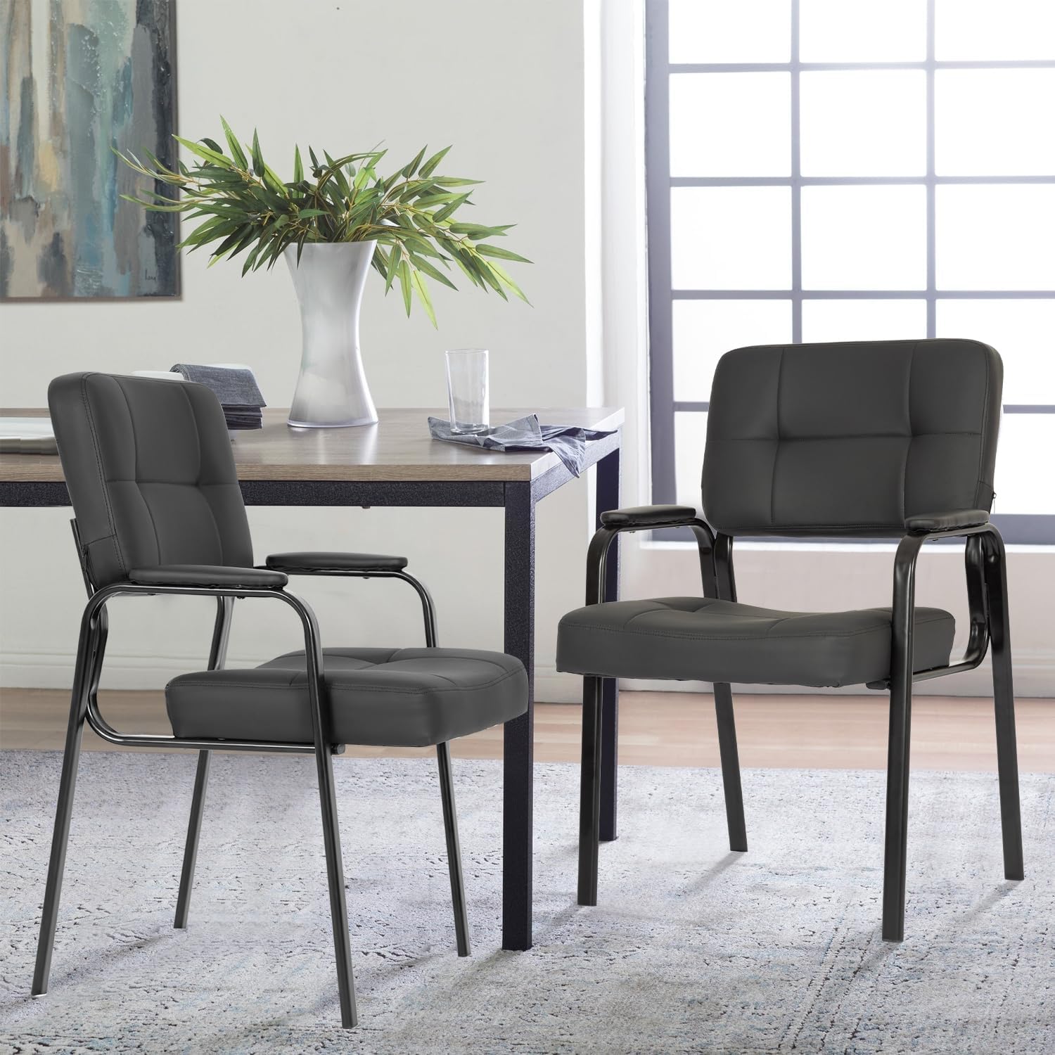 Waiting Room Chairs, Conference Room Chairs with PU Leather, Reception Chairs with Armrest Ergonomic Design, Office Side Chair, Chair with Arms for Home Office Meeting Room Waiting Room, Black