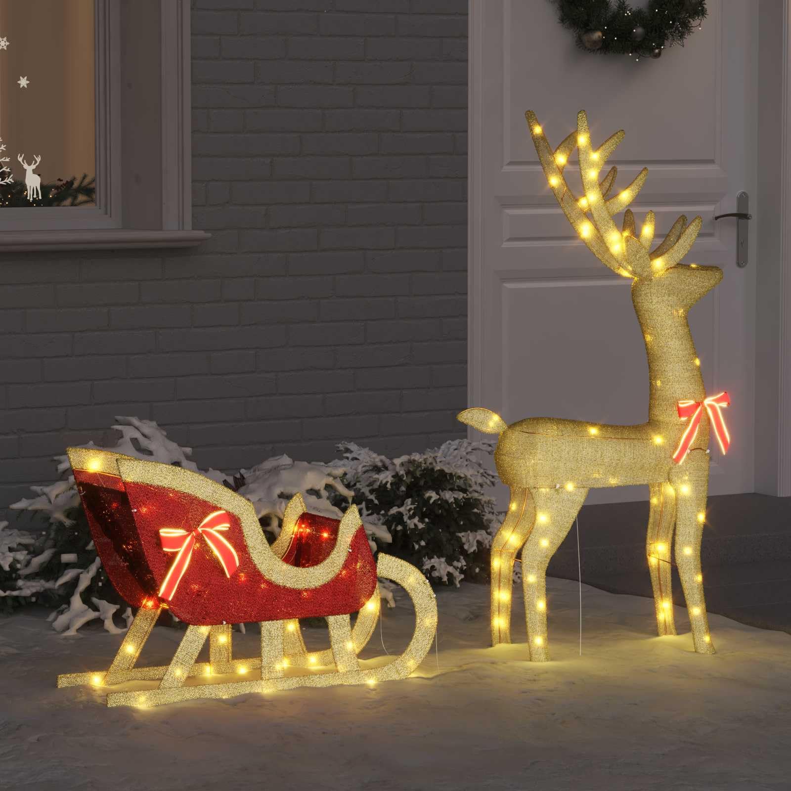 Rentier Zieh Schlitten Stoff mit warmweißen LED-Lichtern 151 x 28 x 128,5 cm, wetterfest, USB betrieben, mit roter Schleife, Weihnachtsdeko für Wohnzimmer und geschützten Außenbereich