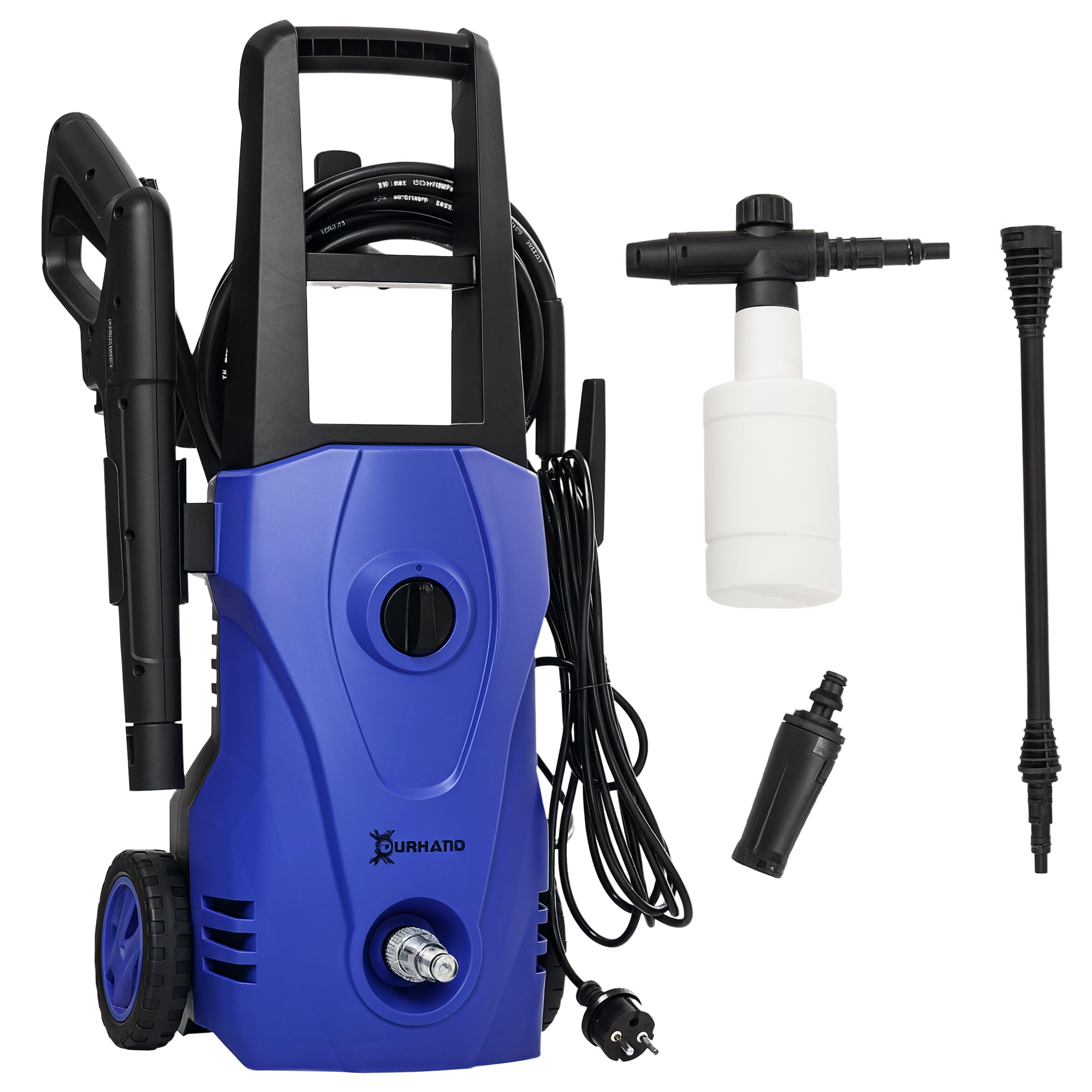 DURHAND Hidrolimpiadora Lavadora de Alta Presión 1600W 23.5x27x68 cm Azul | Caudal 432 L/h, Bomba de Aluminio, Presión de 130 Bar, Manguera de 6 m, Incluye Botella de Jabón, Boquilla, Cepillo