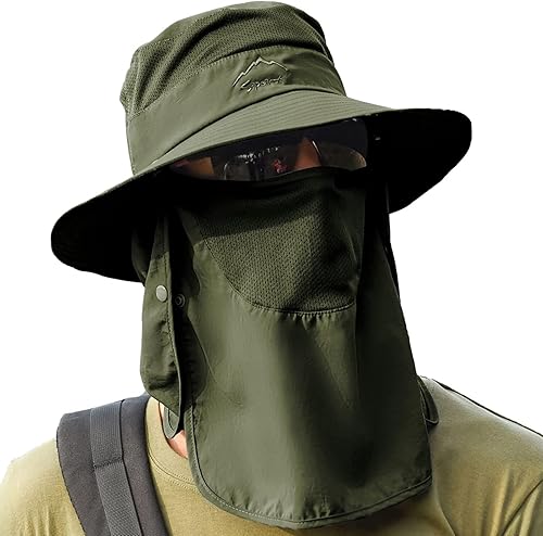 Sombrero de pesca solar UPF 50+ para hombres y mujeres, sombrero de ala ancha con cubierta facial desmontable y solapa para el cuello