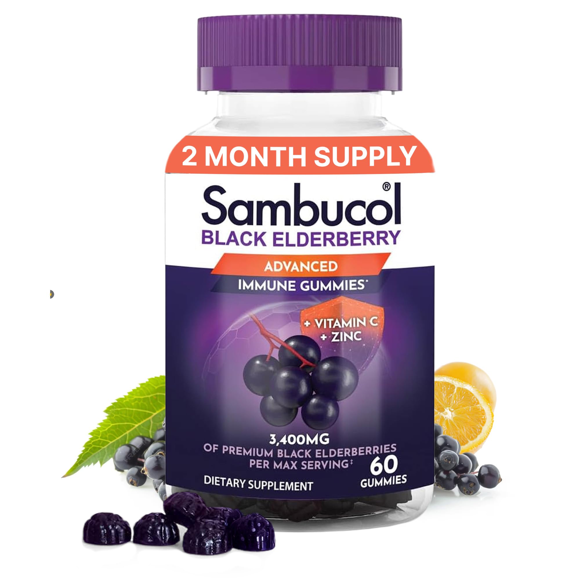 Sambucol Black Elderberry Gummies with Vitamin C & Zinc - Sambucus Elderberry Gummies for Immune Support, High Antioxidants, Gluten Free, Vegan, Elderberry with Zinc & Vitamin C for Adults - 60 Count