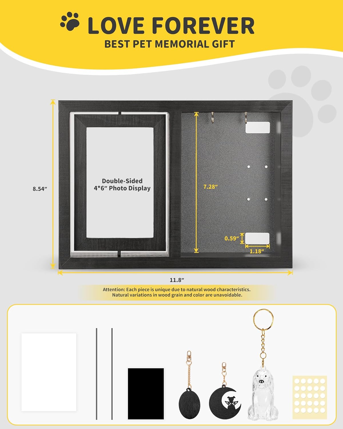 Dog & Cat 3-IN-1 Memorial Wooden Picture Frame Set, Lost Pet Sympathy Gifts with 360° Rotation Wooden Picture Frame for Two 4"x6" Photos, Pet Memory Gifts for Dog/Cat Passing