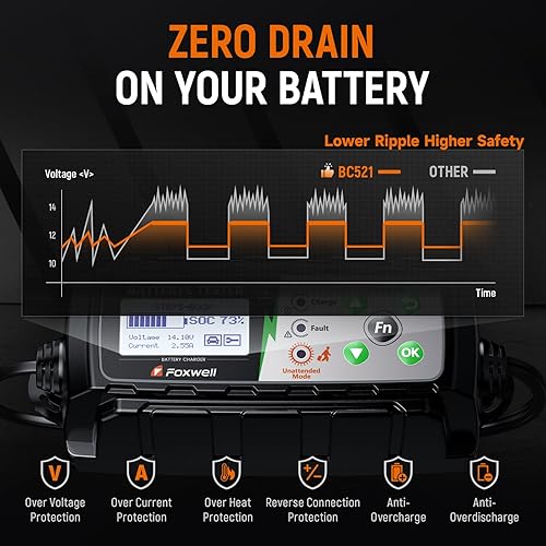 Miniatura 5 de FOXWELL BC521 - Cargador y probador de batería de 12 V, mantenimiento de batería 4 en 1, cargador de goteo y probador de sistema de manivela/carga,