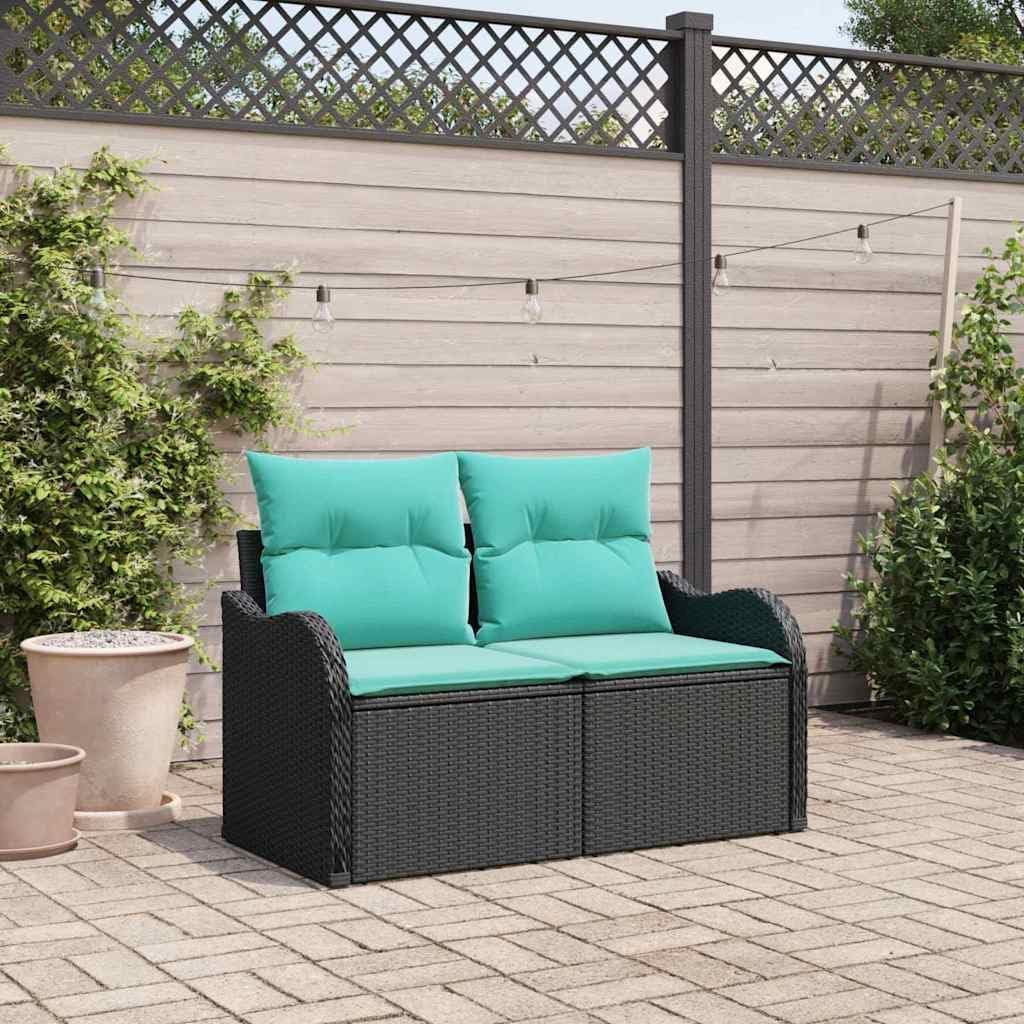 2-Seater Garden Sofa Black 47.6"x24.4"x27.2" Poly Rattan Outdoor Loveseat with Steel Frame Modern Patio Couch for Balcony Backyard and Deck Use