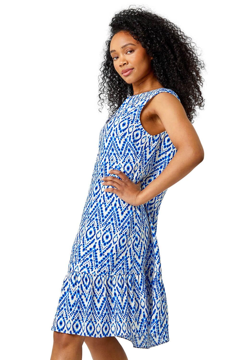 Roman Originals Women's Blue Petite Floral Print Frill Hem Dress For Uk - Everyday Holiday Spring Summer Notch Neckline Comfy Soft Evening Vacation Work Party - Size 8 Petite