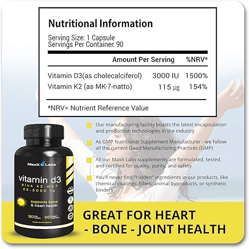 Miniatura 2 de Suplemento de vitamina D3 K2 MK-7  Completo 3000 UI por cápsula más 115 mcg MK7 de Natto vitamina K suplemento natural y eficaz de vitamina K2 D3