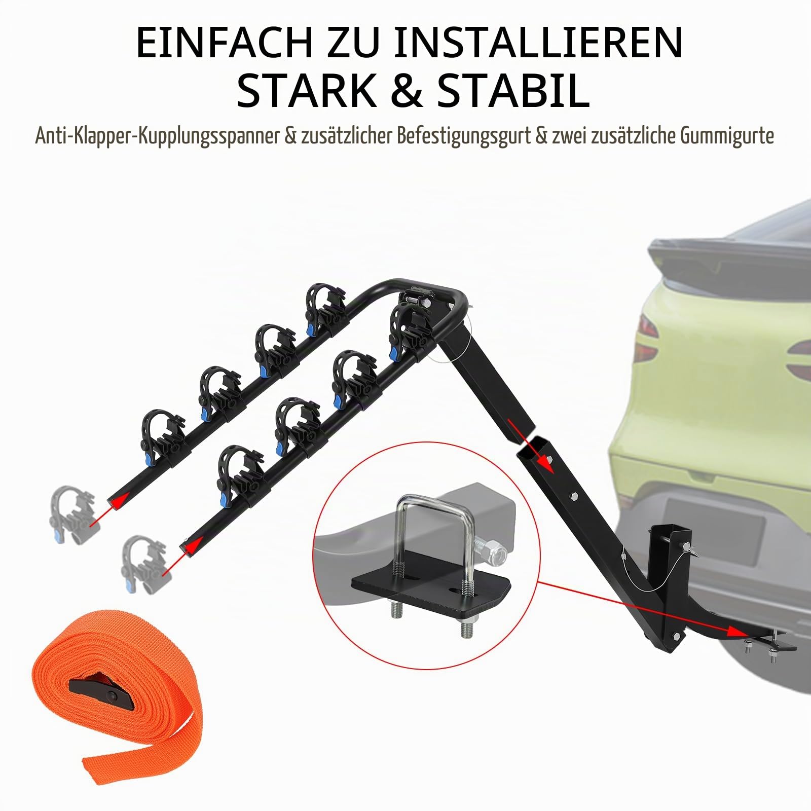 Fahrradheckträger für Auto, Fahrradträger für 4 Fahrräder mit Stabilisator und Riemen Sowie 2 Sattelsätzen, Fahrradträger für Anhängerkupplung für E-Bikes Geeignet