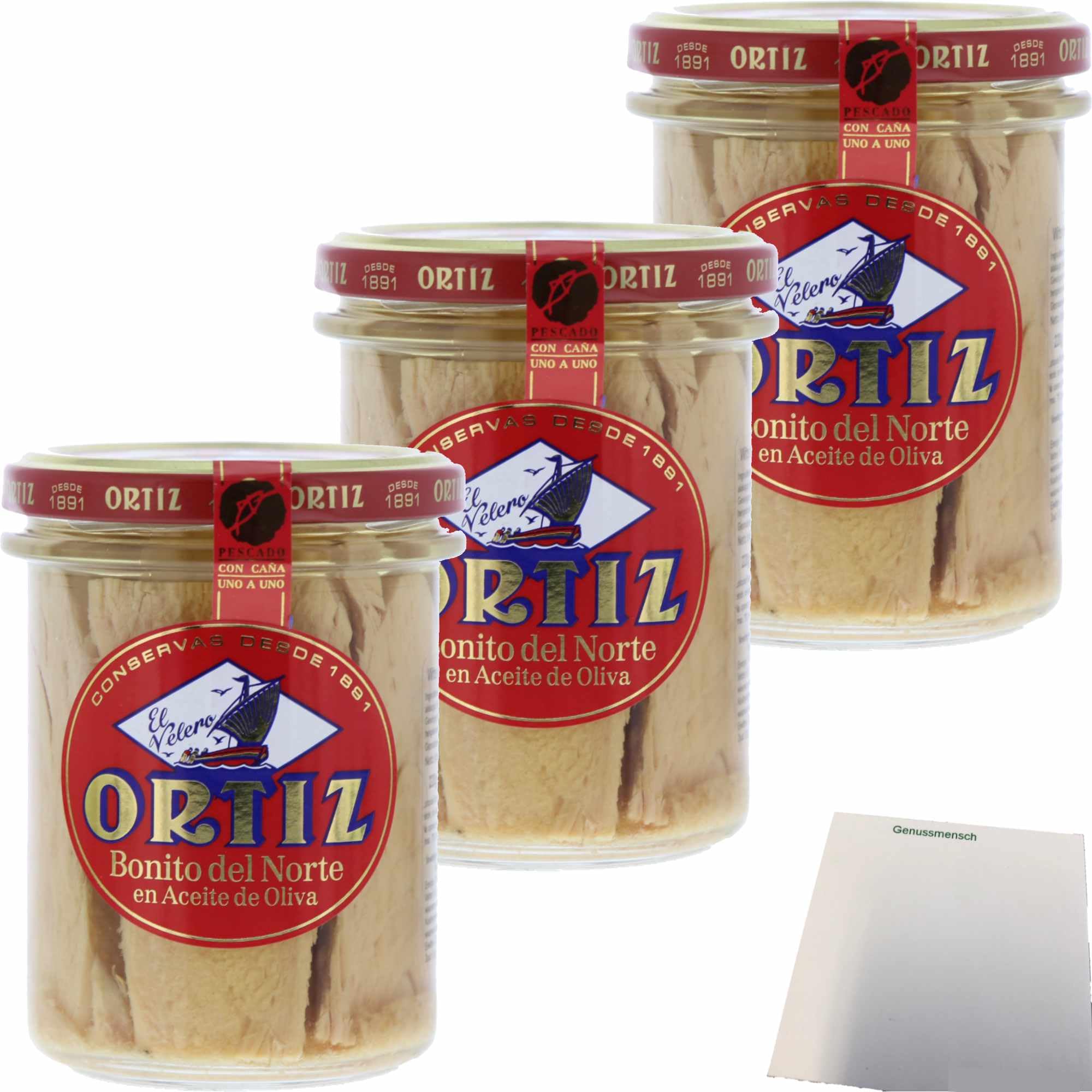 usy Bundle für Conservas Ortiz Bonito del Norte, Weißer Thunfisch in Olivenöl 3er Pack (3x220g Glas) + usy Block