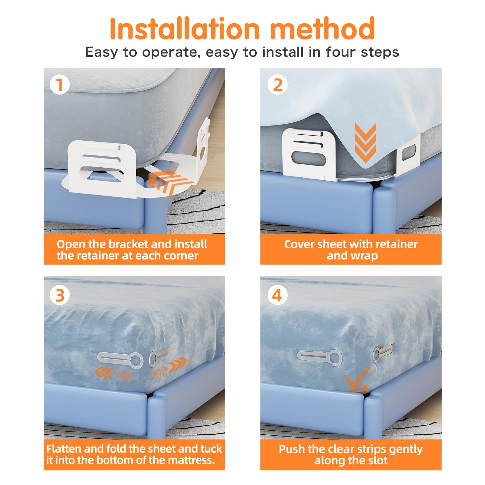 Bed Sheet Holders for Corners, Fitted Sheet Holders Keep Sheets Firm & Tight, No More Loose Sheets, Fits Mattress, Easy Installation(White), Set of 4