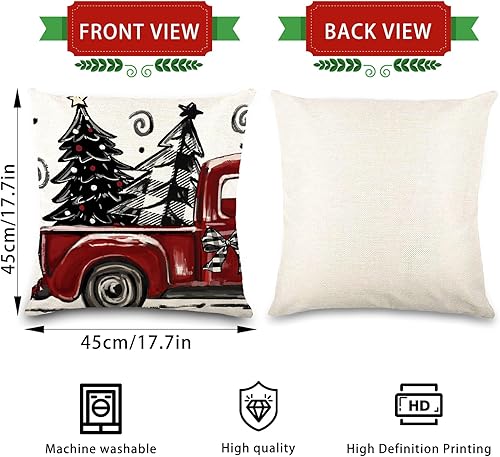 Miniatura 2 de DIYDEC 4 fundas de almohada de Navidad de 18 x 18 pulgadas, fundas de almohada rojas para decoración de Navidad, búfalo de árbol, camión, feliz