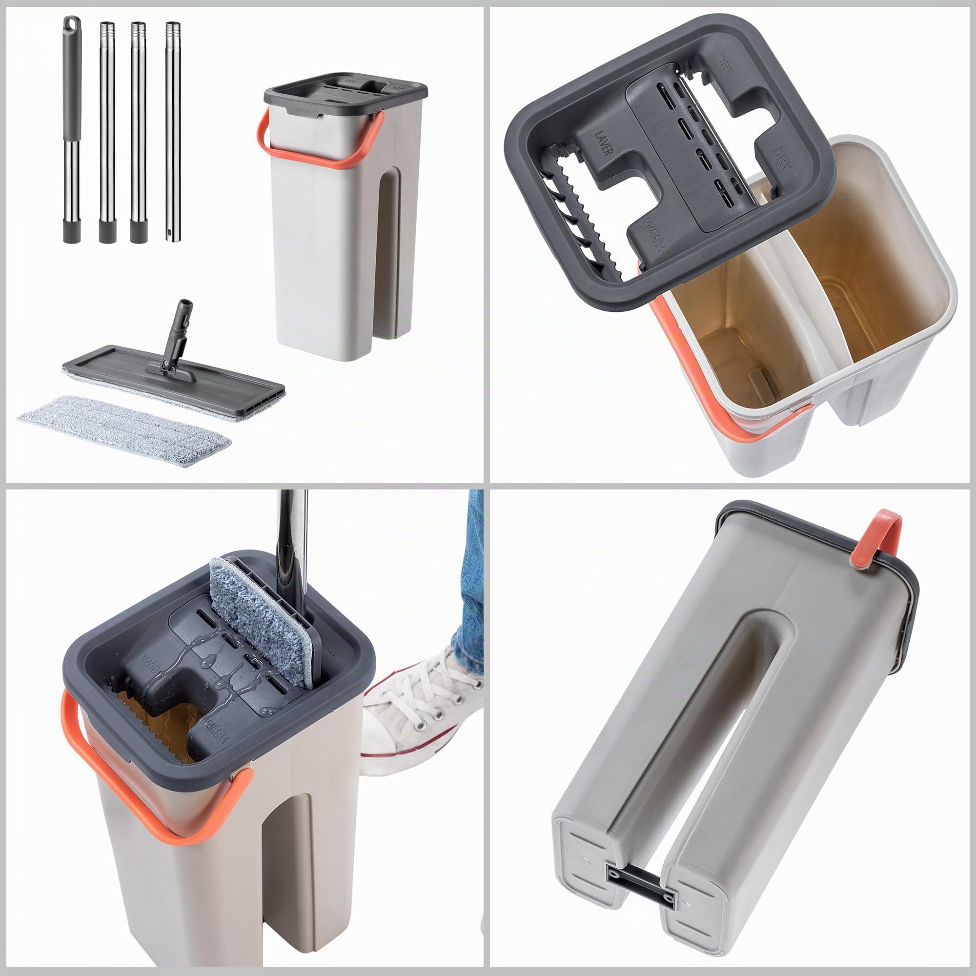 KADAX Ensemble de Nettoyage avec Balai de Lavage Plat à Manche Long, Seau Essoreur à Double Compartiment et Deux Housses Serpillières en Microfibre (Gris)
