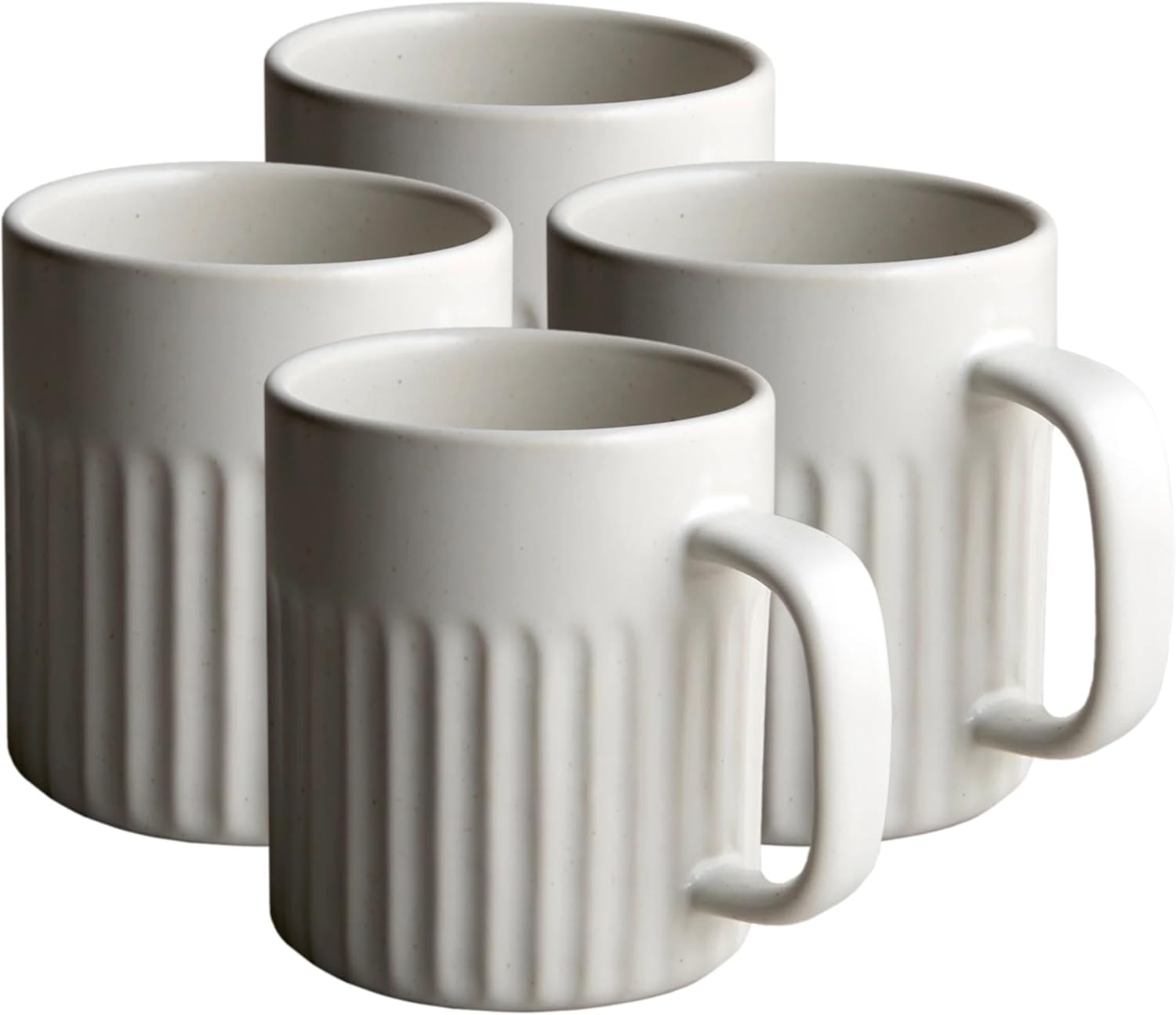 Goodies White Ribbed Coffee Mugs (Set of 4), Handmade Ceramic, Glazed, Dishwasher Safe, Microwave Safe, Secure Grip, Ergonomic Shape, Modern, 9 oz