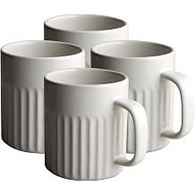 Goodies White Ribbed Coffee Mugs Set of 4, Handmade Ceramic, Glazed, Dishwasher Safe, Microwave Safe, Secure Grip, Ergonomic Shape, Modern, 9 oz