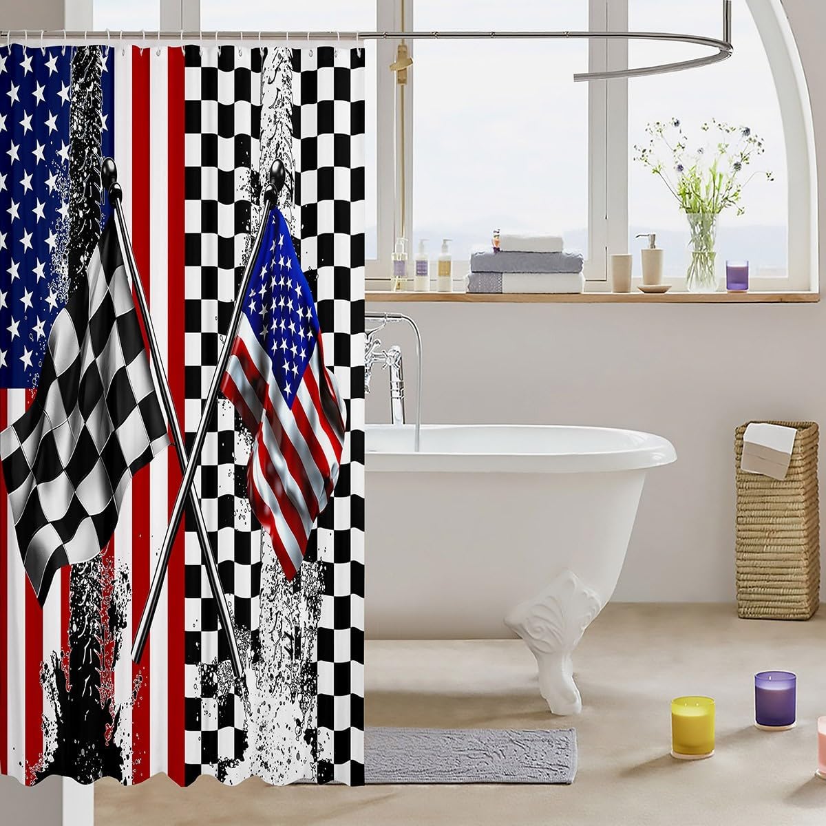 American Flag Shower Curtain,Racing Car Black White Checkered Flag Bath Curtain with 12 Hooks,Abstract Sports Geometric Waterproof Bathroom Accessories for Bathtublet, 72Wx84L inch