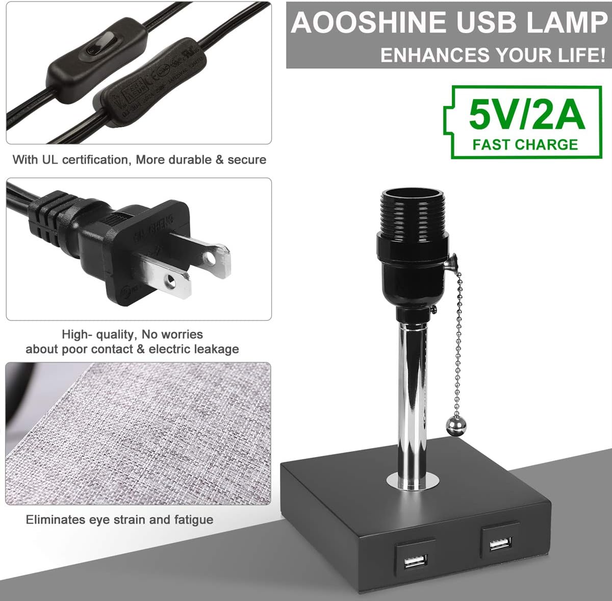 aooshine USB Bedside Table Lamp, Modern Table & Desk Lamp, Solid Wood Nightstand Lamp with Grey Fabric Shade, Ambient Light and 2 Useful USB Charging Port Perfect for Bedroom, Living Room or Office