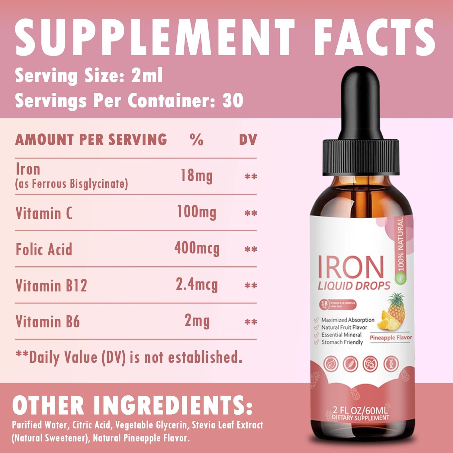 Iron Supplement Liquid Drops - High Absorption Formula with Vitamins C, B12, B6, Supports Energy, Gentle & Vegan, Suitable for Women, Men & Children, Pineapple Flavor, 60 ml - Image 7